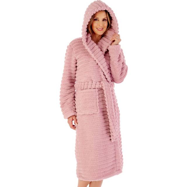 (Pink, Medium - UK 12/14) Slenderella Ladies Striped Teddy Bear Fleece Hooded Wrap Dressing Gown