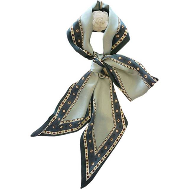 S76 145cm Green Geometric Print Small Silk Scarf Retro Decorative Professional Dress Scarves Hairband Temperament Long Versatile