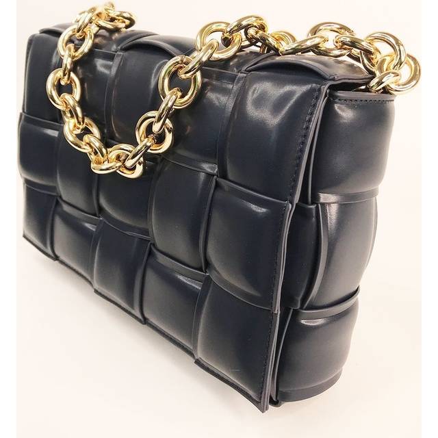 JAYLEY Navy Eco Leather Cross Woven Clutch Bag with Gold Chain