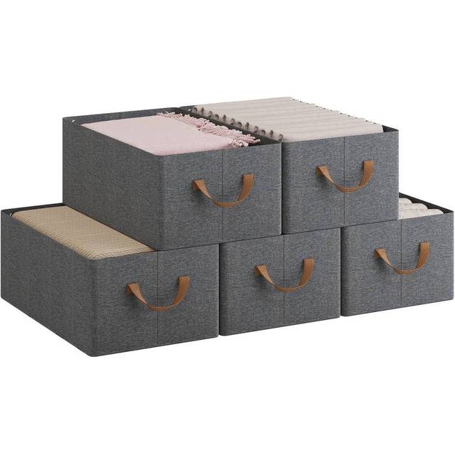 Woltu - Set of 5 Foldable Storage Boxes, Fabric Containers with Handles, 47x28x20 cm, Grey+Brown