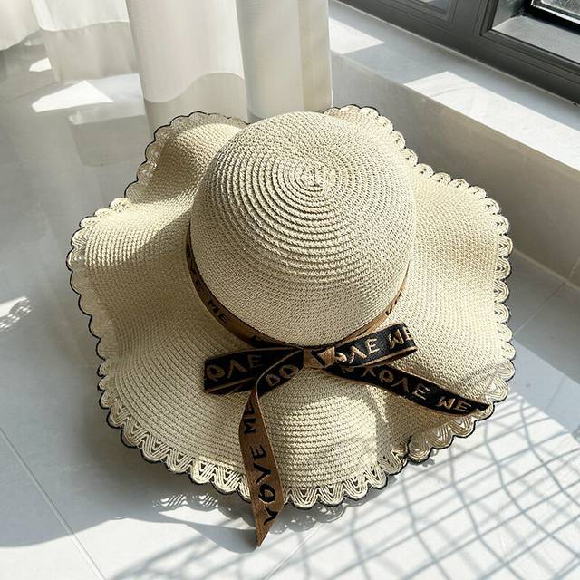 (Beige) Style Hat Versatile Straw Woven Elegant Letter Ribbon Bow Womens Sunshade Hats
