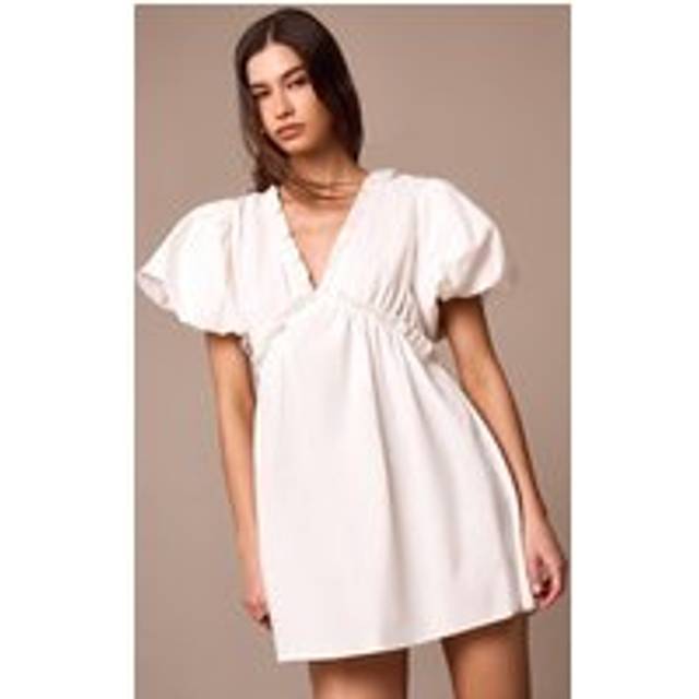 White Cotton Gathered A-line Dress, White - 16
