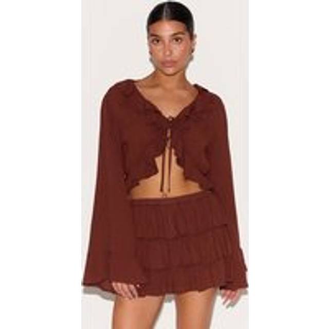 Petite Chocolate Cheesecloth Ruffle Tie Front Long Sleeve Top, Chocolate - 8