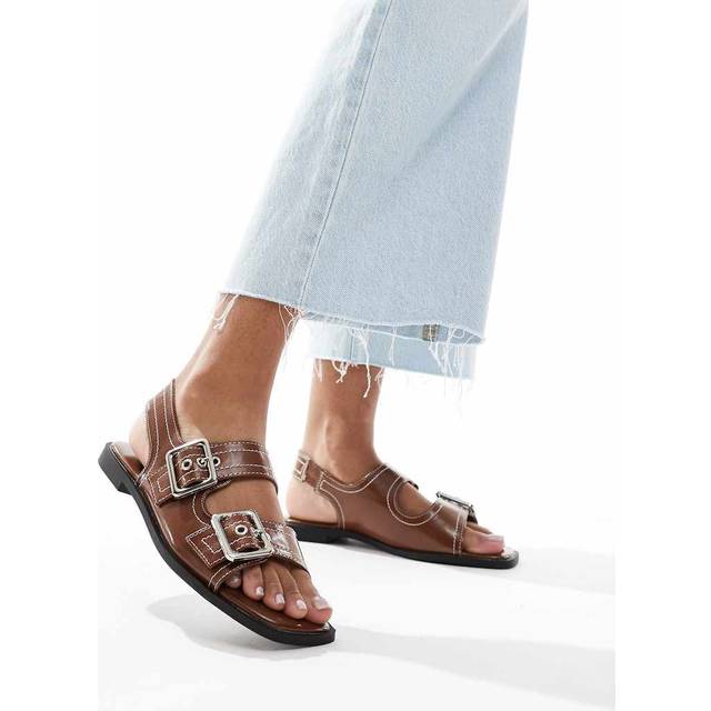 New Look Women's Brown Faux Leather Contrast Stitch Slingback Sandals Vegan - UK 6