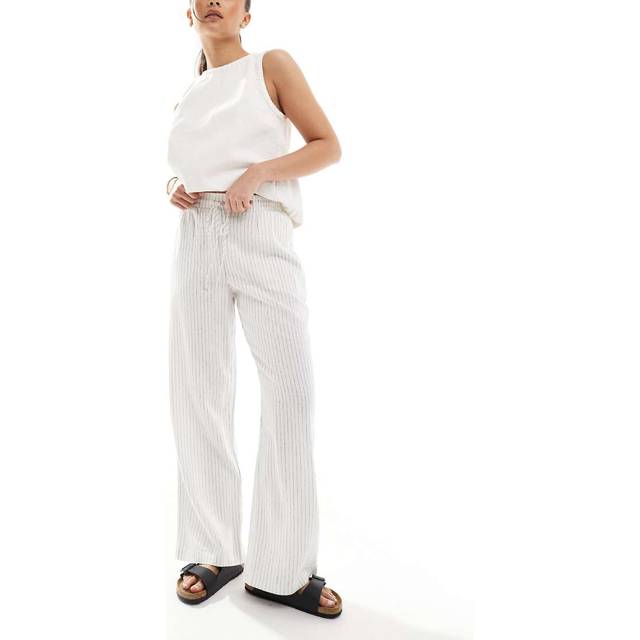 New Look Women's White Striped Linen Wide Leg Trousers - UK 14