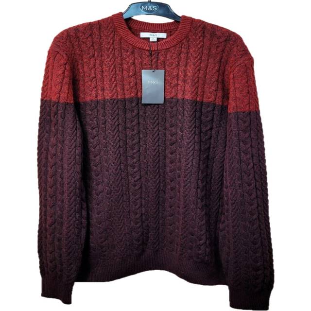 (Red Mix, M) EX M&S Mens Jumper Cable Crew Neck Jumper