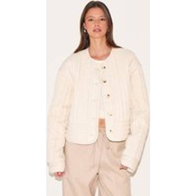 Stone Button Up Round Neck Quilted Jacket, White - L
