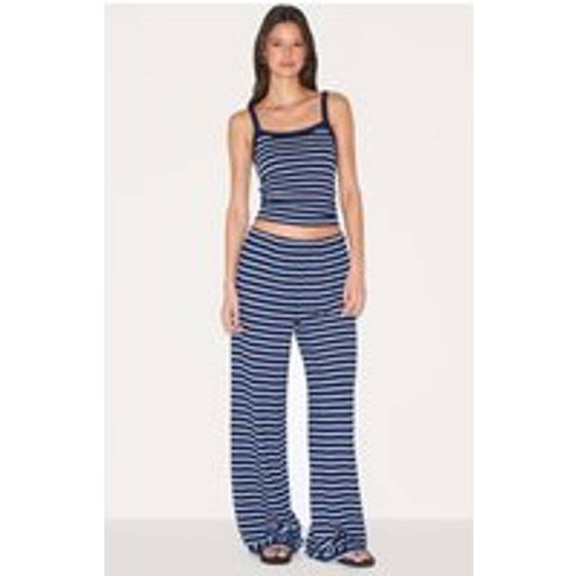 Navy Striped Wide Leg Trousers, Blue - 12
