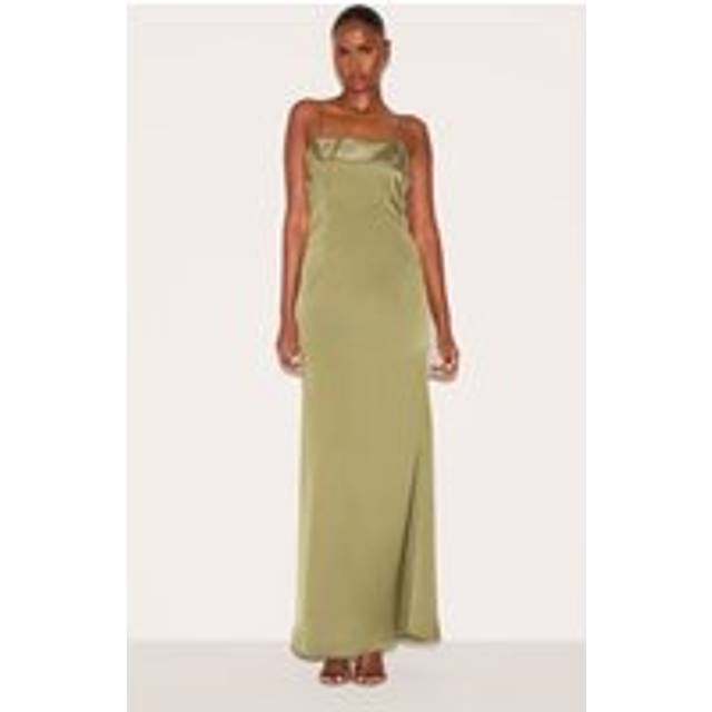 Sage Green Satin Draped Frill Back Detail Maxi Dress, Sage Green - 10