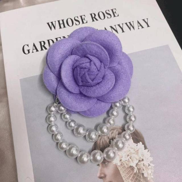 (purple) 1pc Jewelry Gift Brooch Pin Pearl Tassel Vintage Camellia Flower Fabric Corsage Women's - Purple