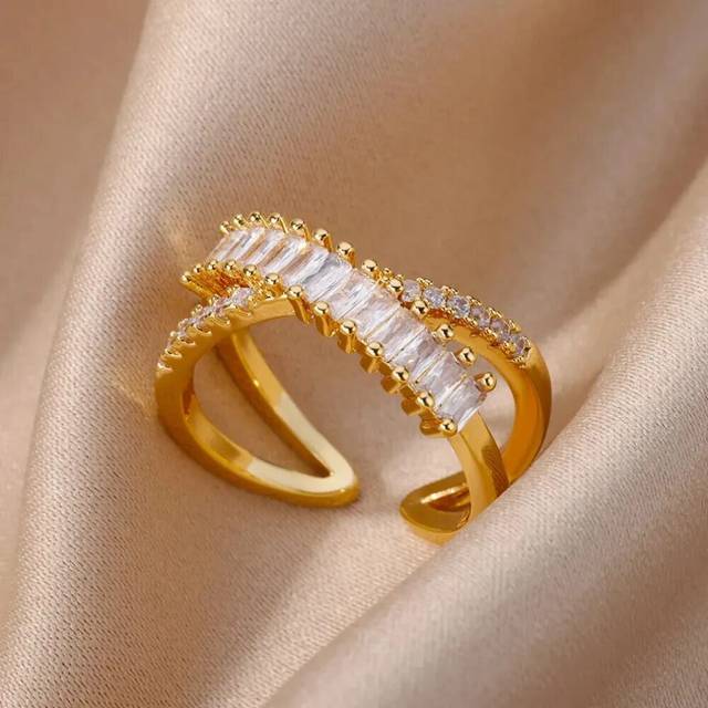 (F, Adjustable) White Zircon Flower Leaf Shape Stainless Steel Rings For Women Adjustable Aesthetic Wedding Ring