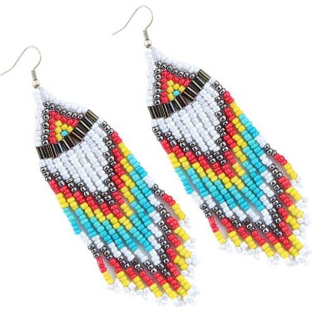 (white) Women Bohemian Long Beaded Tassel Drop Dangle Hook Earrings Party Jewelry Gift