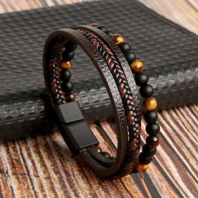 (brown, 21cm) Classic Fashion Tiger Eye Beaded Multi Layer Leather Bracelet for Men Hand-Woven Leather Men Bracelets Punk Bangle Jewelry for Male