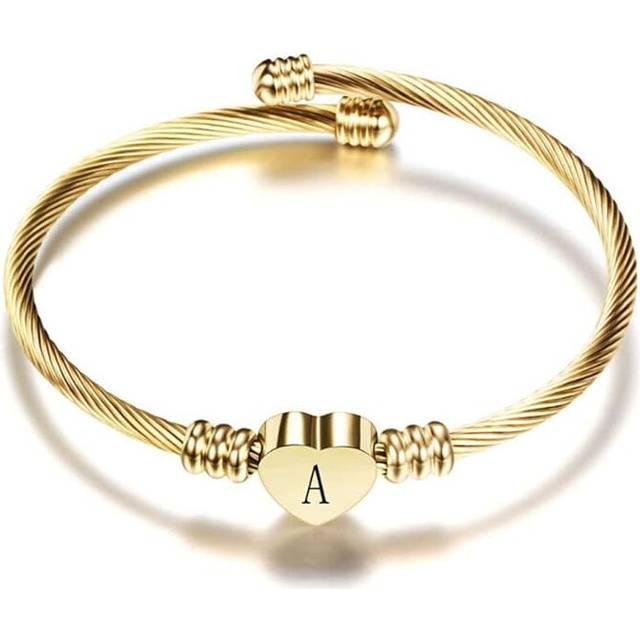 Gold Love Heart Bangle Cuff Bracelet for Women Alphabet Letter Initial A to Z Family Name Stainless Steel