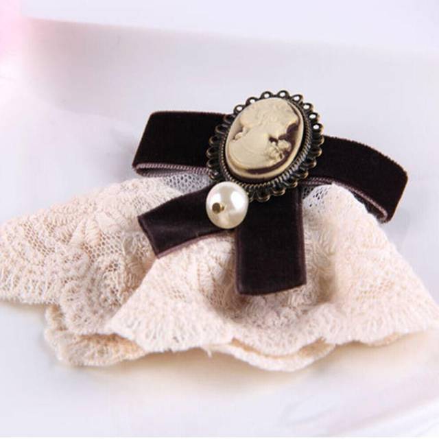 (coffee) Bowknot Party Lady Women Vintage Ribbon Cameo Girls Brooch Elegant Lace Brooch Pearl - Brown
