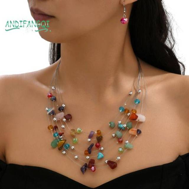 (multicolor) 1 Set Women Necklace Earrings - Multi-layered Stone Decor, Bohemian Style, Ear Jewelry, Necklace Set