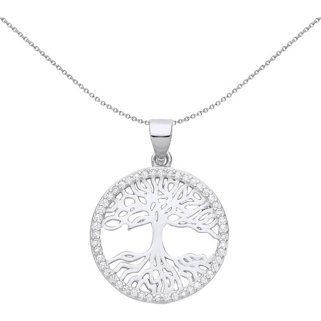 Jewelco London Ladies Rhodium Plated Sterling Silver CZ Halo Circle Tree of Life Pendant Necklace 18 inch - GVP657