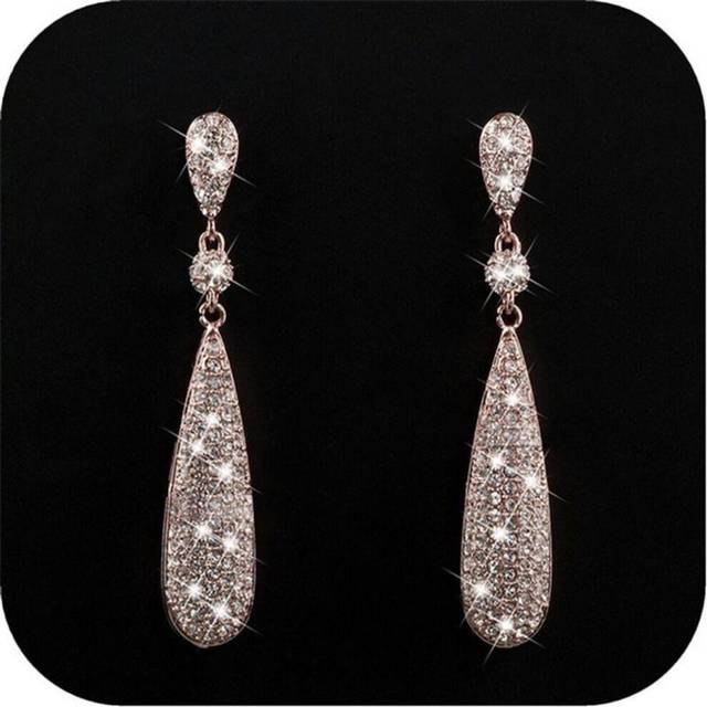 (rose gold) Fashion Elegant Diamond Eardrop Shiny Geometry Zircon Water Drop Earring Women Weeding Jewelry Gift