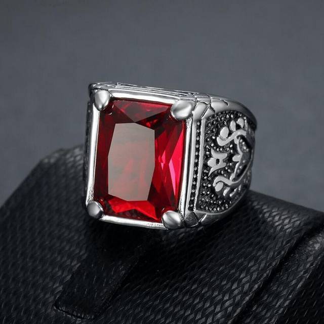 (red, 7) Hip Hop Punk Vintage Ring for Men 316 Stainless Steel with Multicoloured Stones Tulip Motif Jewellery Men&apos;s Party Ring