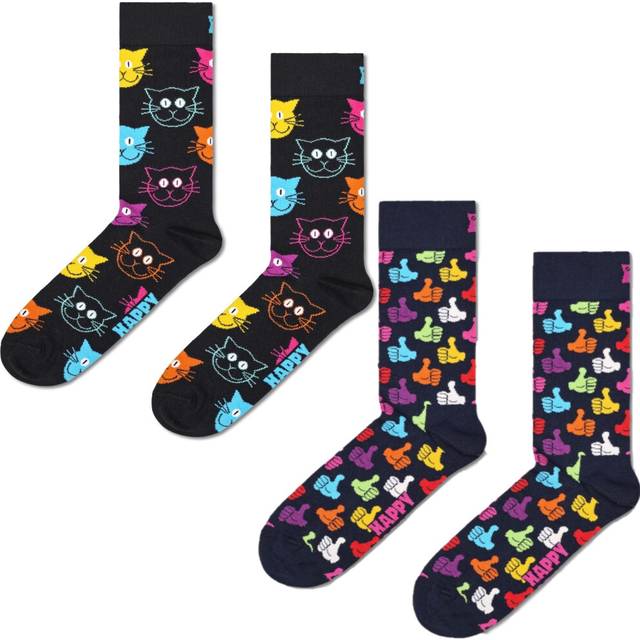 Happy Socks Unisex 2 Pack Classic Cat Thumbs Up Crew - Multicolour Cotton - Size UK 7-11