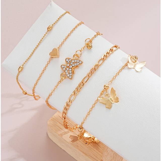 (AYA 6109901) Gold Color Vintage Butterfly Anklet Set For Women Boho Multilayers Love Zircon Anklet Bracelet