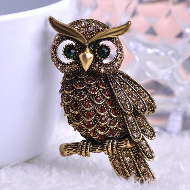 Vintage Owl Brosch Corsage Scarf Clip Antik guldpläterad kristall papegojbroscher gul