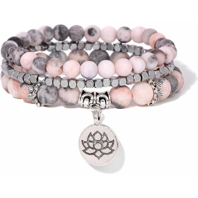 (as the picture) Handmade Natural Stone Lotus Ohm Buddha Beads Bracelet Pink Zebra Stone Lotus Charm Bracelet For Women Men Yoga Jewelry Gifts