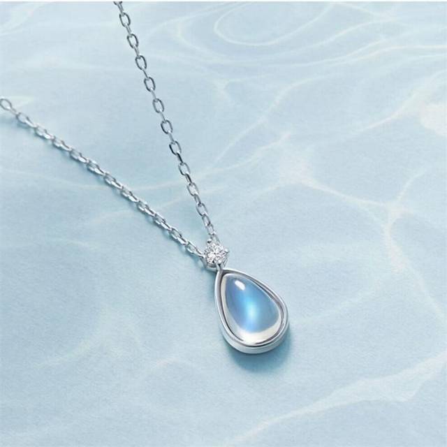 (as the picture) 925 Sterling Silver Moonstone Water Drop Charm Pendant Choker Necklace For Girl Women Statement Wedding Jewelry Dz814