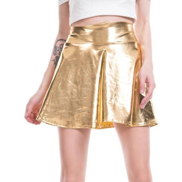(S, Gold) Women Pleated Mini Skirt Pleated Skirt Wet Look High Waist Clubwear Bar Party Pu Leather Shiny Stage Skirt