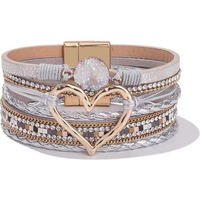 Heart Leather Wrap Bracelets Stackable Boho Cuff Bangles Trendy Resin Stone Rhinestone Bracelets with Magnetic Clasp for Women Christmas Gift Jewelry