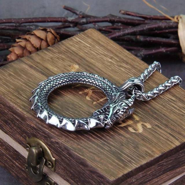 (silver) 2024 New High Quality Viking Self Devourer Ouroboros Valknut Guardian Rune Dragon Pendant Viking Necklace