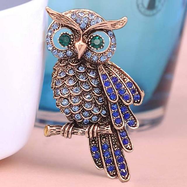 Vintage Owl Brosch Corsage Scarf Clip Antik guldpläterad kristall papegojbroscher blå