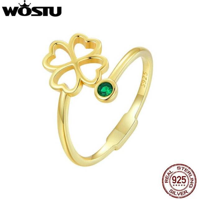 (gold, B) Wostu 925 Sterling Silver Exquisite Zircon Hollow Four-leaf Clover Open Ring For Women Fine Jewelry Gift