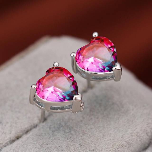 (silver,rose red) Cute Small Love Heart Cut Tourmaline Stud Earrings For Women Luxury Rose Gold Color Heart Earrings Wedding Party Jewelry
