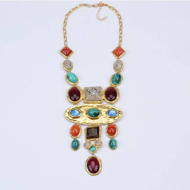(1N0604) Bohemian Vintage Statement Necklace For Women Baroque Style Color Crystal Geometric Gemstone Long Sweater Chain Necklace Jewelry