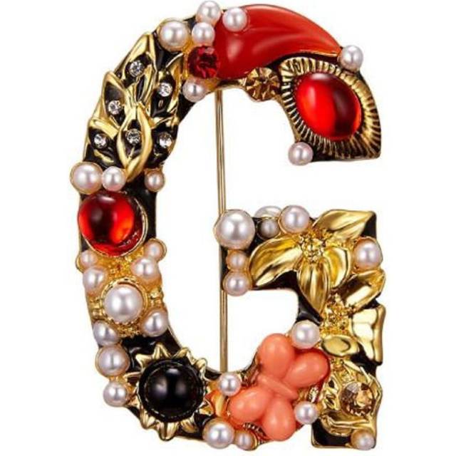 (as the picture, G) Brooch Pin New Small Charming Brooch Pin Women Rhinestone Faux Pearl Brooch Pin Alphabet Brooch Pin For Club - White