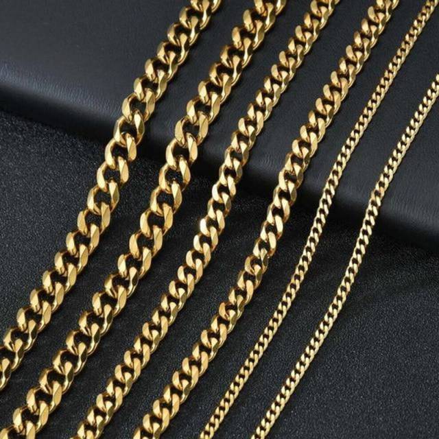 (gold, 7mm 50cm) Classic Men Necklace Width 3 To 7 MM Stainless Steel Long Necklace For Men Women Chain Jewelry