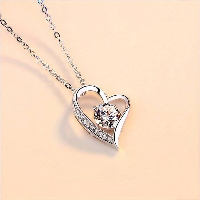 (Platinum Plated, 45cm) Love Necklace Copper Inlaid Zircon Pendant Birthday Anniversary Gift With Blessing Card Gift Box