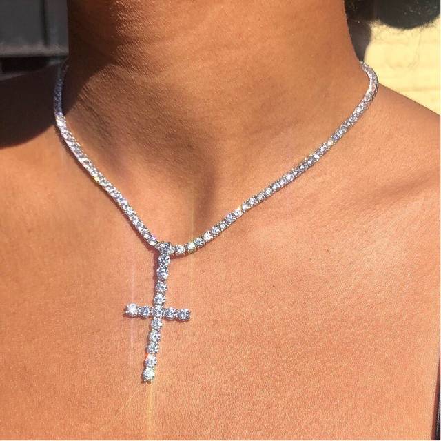 (AY5792201) New Y2K Zircon Cross Necklace Colorful Love Heart Cross Pendant Necklaces