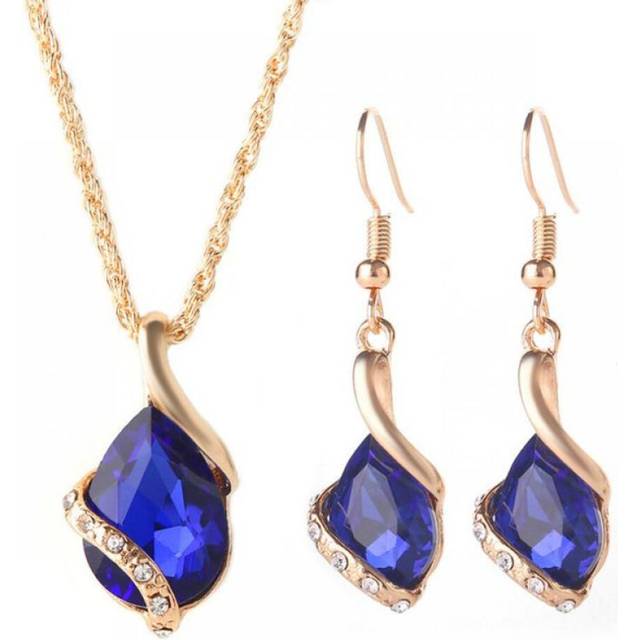 (lake blue) Chic Style Ladies Rhinestone Choker Chain Necklace Drop Earrings Jewelry Set - Blue