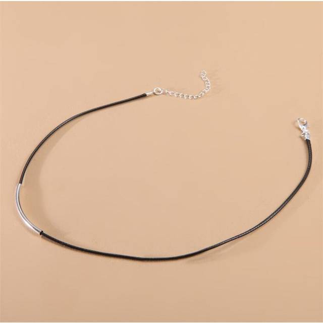 (silver) Leather Rope Metal Tube Necklace Women Clavicle Chain Harajuku Short Neck Collar Chain Choker Necklace
