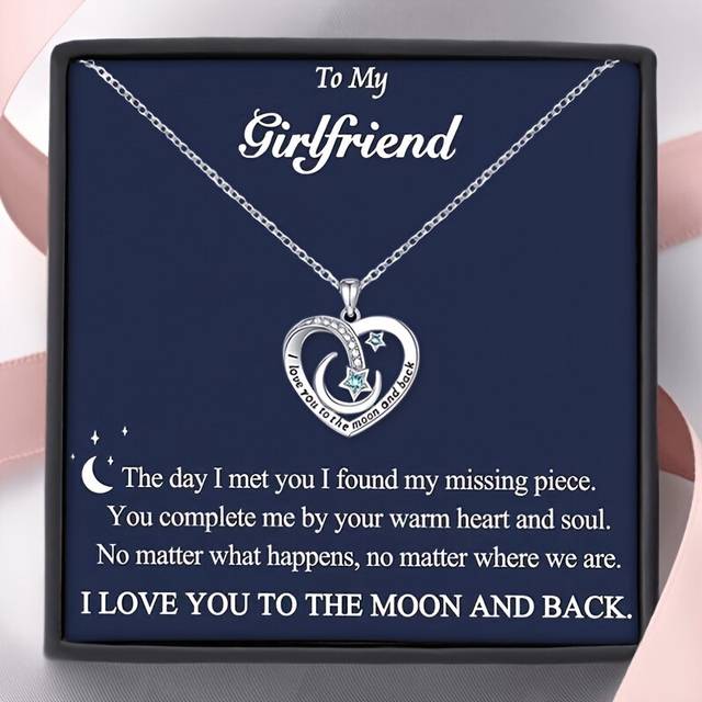 (Platinum Plated, 45cm) Heart-shaped moon copper zirconia necklace, gift card gift box for your girlfriend's birthday.