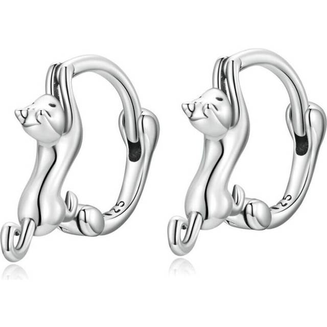 (silver) Wostu Real 925 Sterling Silver Black Cute Cat Stud Earrings For Women Fine Jewelry Party Gift Rose Gold Animal Hoop Aretes