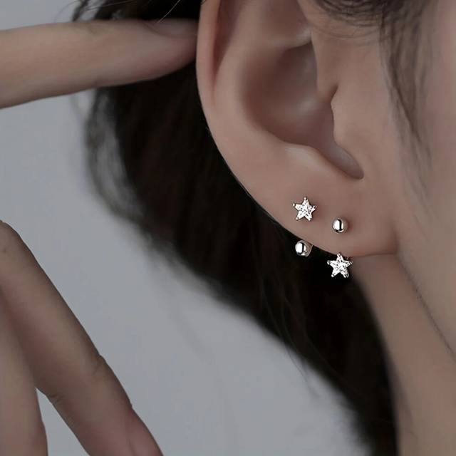 (SILVER PLATED) Stainless Steel Hoop Earrings with Zircon - Elegant Pentagram & Ball Design, Ideal for All Occasions