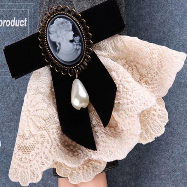 (black) Bowknot Party Lady Women Vintage Ribbon Cameo Girls Brooch Elegant Lace Brooch Pearl - Black