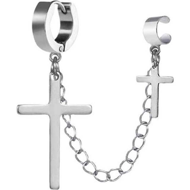 (silver) Silver Cross New Black Earrings Ear Studs Stainless Steel Chain