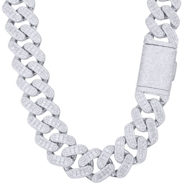 (24) Jewelco London Men's Rhodium Silver White Baguette CZ Encrusted Square Curb Chain Necklace - ABB205