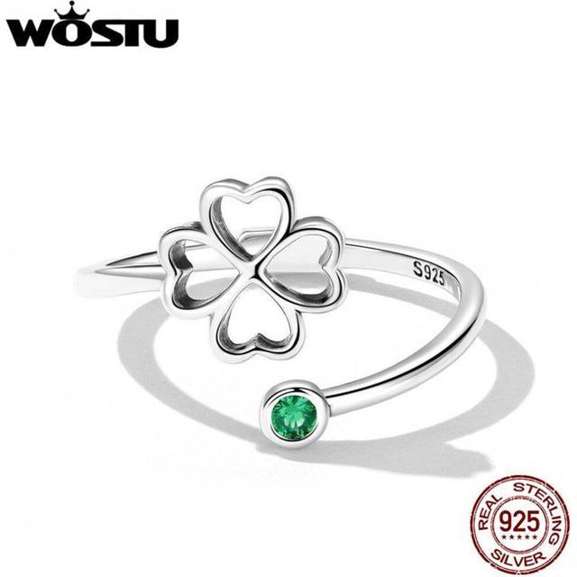 (silver, 925 silver) Wostu 925 Sterling Silver Exquisite Zircon Hollow Four-leaf Clover Open Ring For Women Fine Jewelry Gift