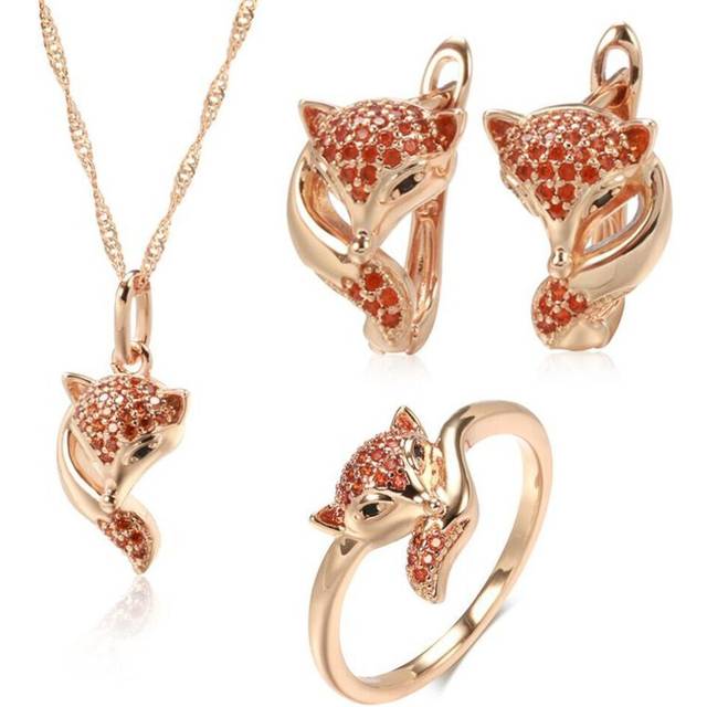 (7) Kinel Red Natural Zircon Fox Jewelry Set Vintage Rose Gold Color Animal Necklace Earrings And Ring Sets