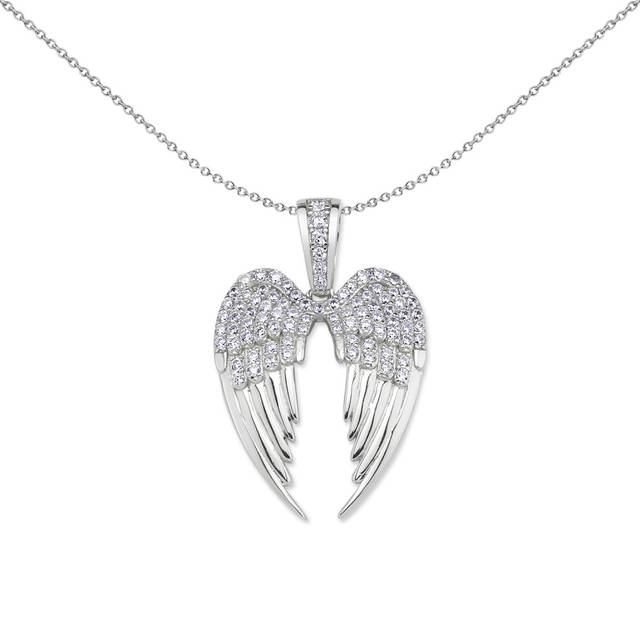 Jewelco London Ladies Rhodium Plated Sterling Silver CZ Folded Angel Wings Love Heart Pendant Necklace 18 inch - GVP639